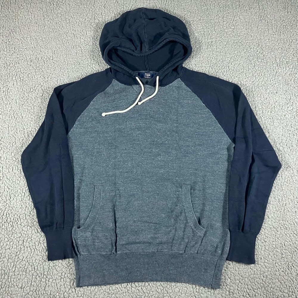 J.Crew Mens Medium Cotton Knit Hoodie Grey Navy Raglan Pullover Sweater